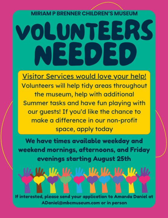 Volunteer recruitment poster for miriam p. Brenner children's museum.